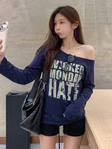 Kaos Lengan Panjang Bahu Asimetris Gaya Y2K Hot Girl dengan Cetakan Huruf Rusak untuk Wanita, Atasan Niche untuk Musim Gugur/Dingin - Royal Blue - View 3