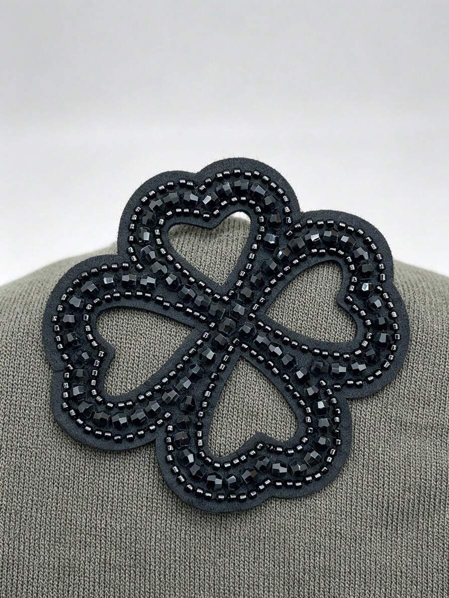 1pc Black Hollow Four‑Leaf Clover Rhinestone Applique, Sparkly Beaded Clover Patch, Sew‑On Gem Decorative Embellishment For Clothing Sweater Jacket Jeans DIY Craft Accessories - Black - View 1