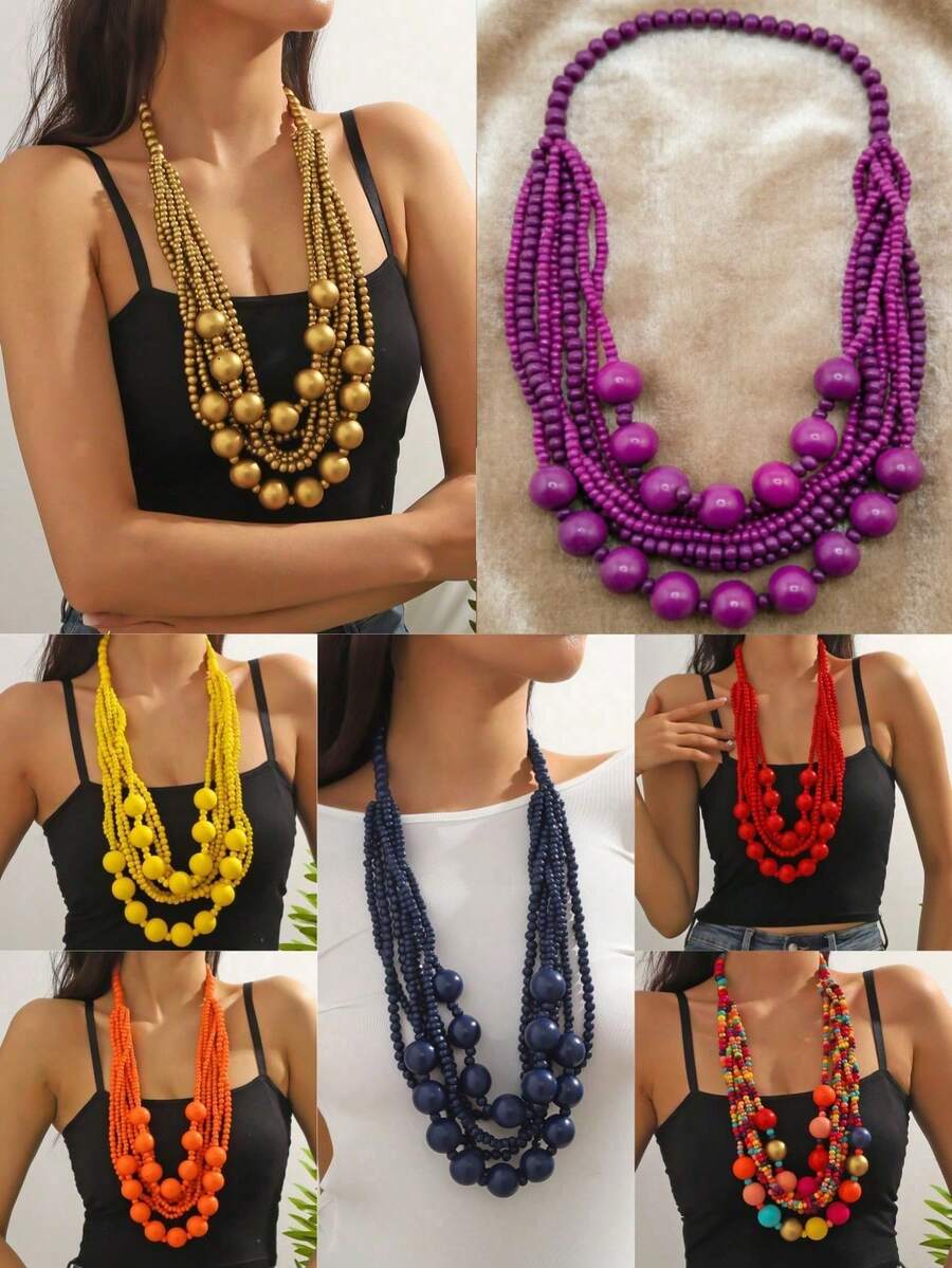 1pc Multilayer Beaded Pendant Personalized Vintage Bohemian Beach Holiday Style Women Necklace - Multi-layer Necklace With Large and Small Round Beads - View 1