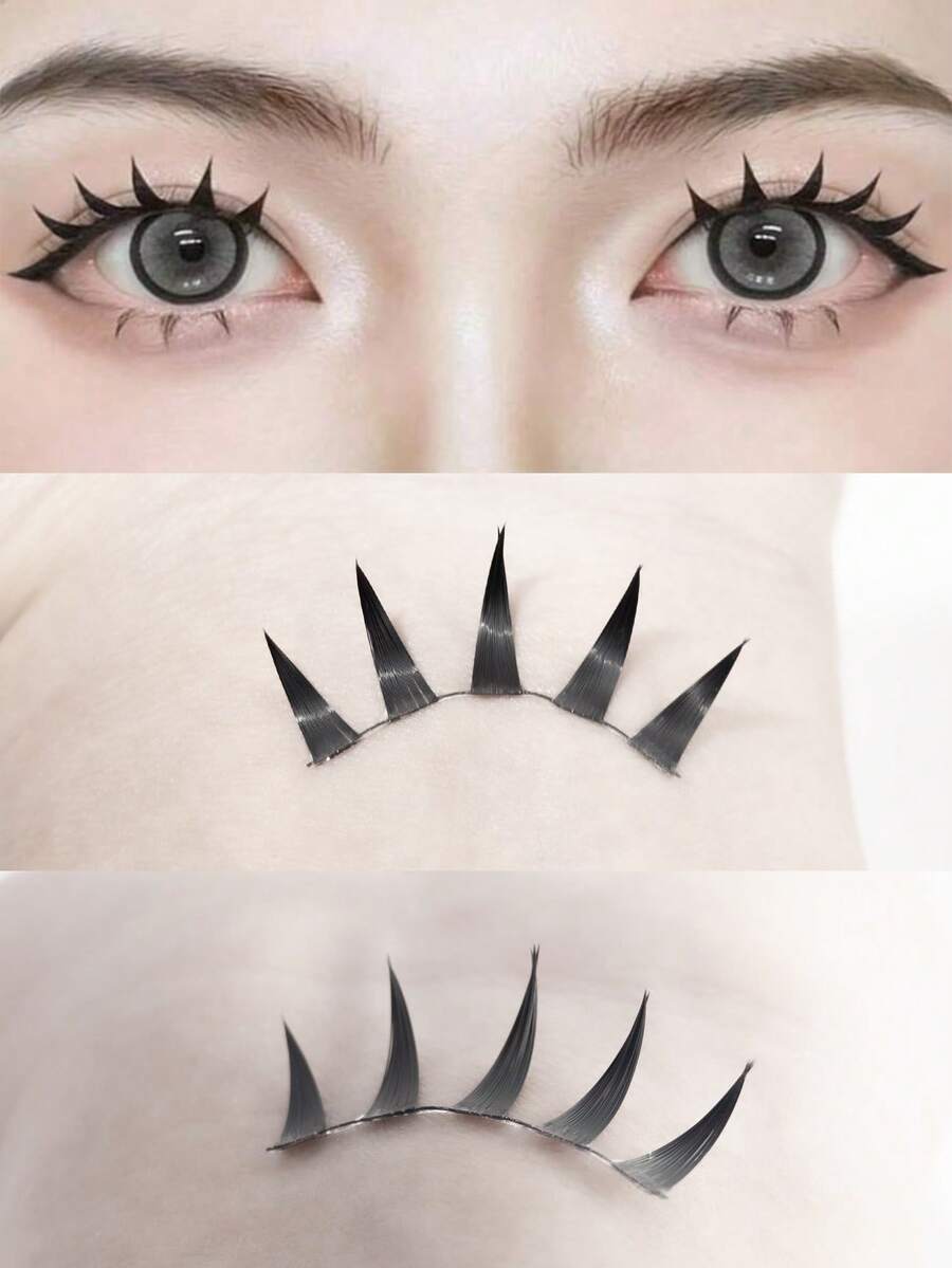 5 Pairs Pointed Cartoon Style False Eyelashes, Transparent Stem, Cosplay Extended False Eyelashes, 10-13mm - Black - View 1