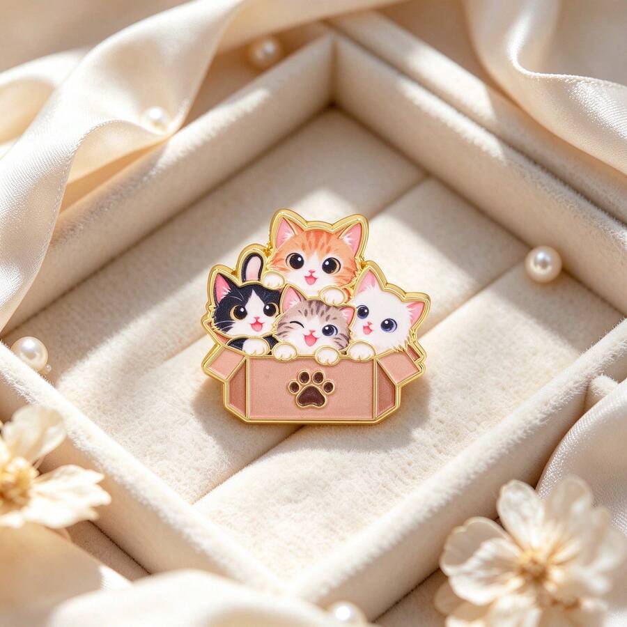 Cartoon Cats Enamel Brooch, Lovely Kittens In Cardboard Box Pin, Paw Pattern Decorative For Backpack Jacket Hat, Cute Gift For Cat Lovers
