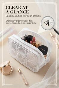 Dior Cannage Pattern Translucent Mesh Cosmetic Pouch, Classic Lattice Cannage Embossed Logo Zipper Portable Travel Makeup Storage Pouch For Ladies Daily Use - White - View 2