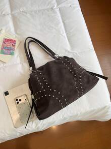 Vintage Shoulder Tote Bag No Pattern Faux Leather With Rivets Detachable Crossbody Strap Casual Retro Style For Women Daily Autumn Winter Use - Coffee - View 8