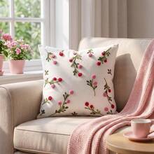 FAUNUS 1pc Pastoral Floral Embroidered Pillow Case, Red Berry And Pink Flower Pattern, Aesthetic Decorative Cushion Cover, Suitable For Sofa Bed Living Room Home Decor, Without Filling - Multicolor - View 3