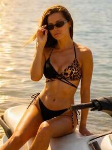 2027 Summer Women's Sexy Leopard Print Contrast Color, Underbust Thin Strap Criss-Cross Tie Bikini Two Pieces Set, Vacation, Beach, Swimming - Black - View 1