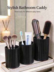 3/1pc Luxury Vertical Stripe Makeup Brush Holder, Black Desktop Multi-Function Pen Holder, Bathroom Toothbrush & Toothpaste Storage Rack, Vanity Makeup & Hair Tool Storage Bucket, Cosmetic Storage Box, Perfect Choice For Makeup Lovers, Home Decor Item - Black - View 4