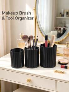 3/1pc Luxury Vertical Stripe Makeup Brush Holder, Black Desktop Multi-Function Pen Holder, Bathroom Toothbrush & Toothpaste Storage Rack, Vanity Makeup & Hair Tool Storage Bucket, Cosmetic Storage Box, Perfect Choice For Makeup Lovers, Home Decor Item - Black - View 9