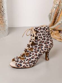 Leopard Print Peep Toe Cutout Lace Up Stiletto Ankle Boots, Women Professional Latin Dance Heels For Salsa Tango Performance - Apricot - View 2