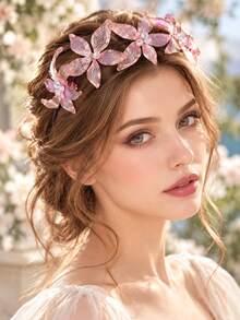 KOVLYNE 1 buah Bando Bunga Buatan Warna Pink, Bando Rambut Bunga Jala Logam, Dihiasi dengan Rhinestone Berkilau, Aksesori Rambut Gaya Peri Romantis, Cocok untuk Pernikahan, Pesta, Wisuda, Prom, dan Acara Spesial - Berwarna merah muda - View 5