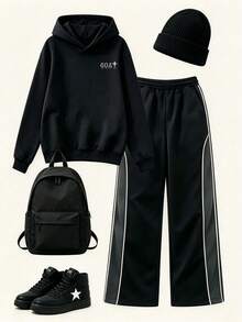 2pcs/Set Baju Sweatshirt Berkerudung Tebal Hangat dengan Lapisan Termal dan Celana Panjang Warna Kontras untuk Anak Laki-Laki, Set Atasan Lengan Panjang Musim Gugur/Dingin untuk Siswa dan Anak-Anak - Hitam - View 5