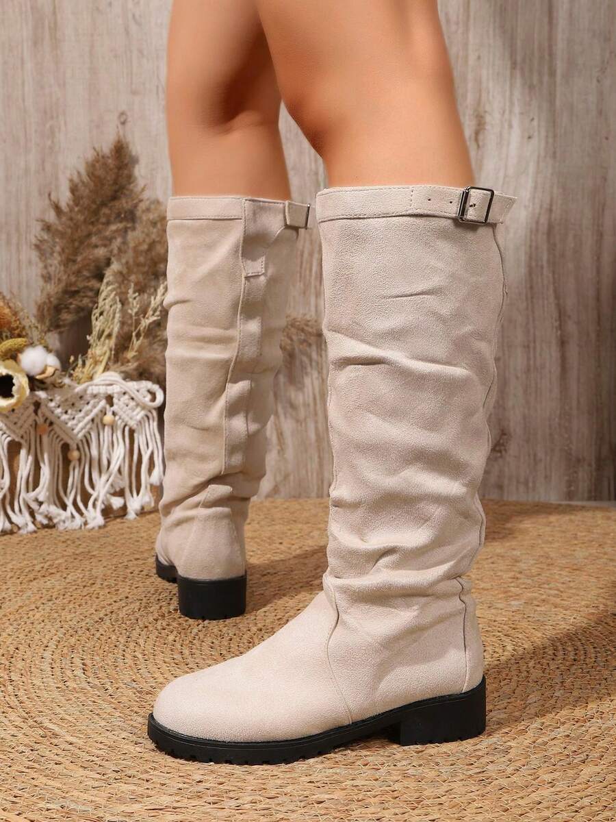 Classic Black Mid-Calf Boots, Fashionable Buckle Design, Comfortable & Versatile, Suitable For Daily Wear And Outings - Beige - View 1