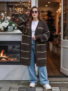 Plus Size Women's Striped Open Front Knit Cardigan, Long Sleeve Drop Shoulder Loose Sweater Jacket With Pockets, Casual Street Style Outerwear For Autumn/Winter - Coffee Brown - View 7