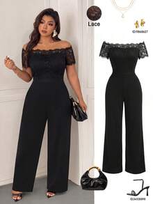 Plus Size Cold Shoulder Square Neck Contrast Lace Long Jumpsuit, Women's High Elasticity Fashion Date Versatile Elegant - Black - View 8