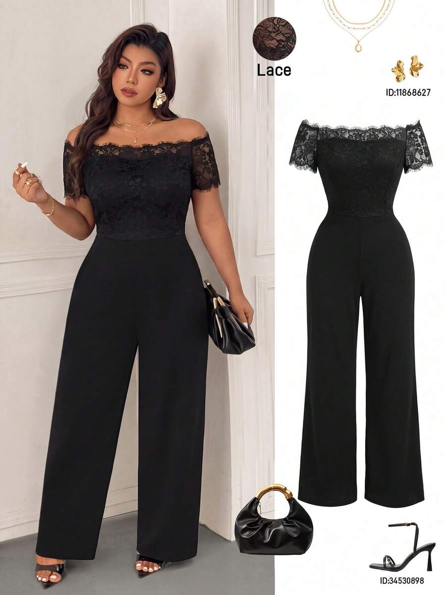 Plus Size Cold Shoulder Square Neck Contrast Lace Long Jumpsuit, Women's High Elasticity Fashion Date Versatile Elegant - Black - View 1