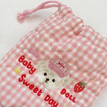 1Pc Cartoon Embroidery Decor Gingham Quilted Drawstring Makeup Bag,Multifunctional Drawstring Bag,Carry On Miscellaneous Bag,Travel Cosmetic Bag - Multicolor - View 6