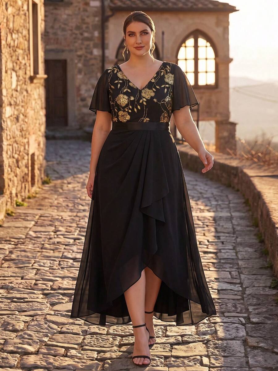 EVERPRETTY Plus Size Elegant V-Neck Gold Sequin Patchwork Black Chiffon Wedding Guest Dress, Asymmetrical Ruffle Hem Formal Mother Of The Bride Gown, Autumn - Multicolor - View 1