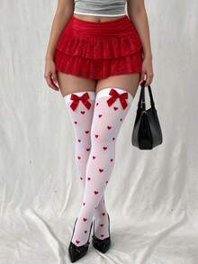 1 Pair Women's Plus Size Sweet White Thigh High Socks, All-Over Red Heart Print With Large Bow Decor - Multicolor - View 6