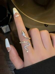 Women's Silver-Plated Snake-Shaped Open Ring, Fully Rhinestone-Encrusted Wrap-Around Ring, Personalized Finger Jewelry - Silver - View 4