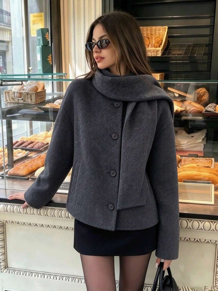 Women's Wool Blend Scarf Collar Short Jacket, Button Front Long Sleeve Warm Autumn Coat - Dark Grey - View 1
