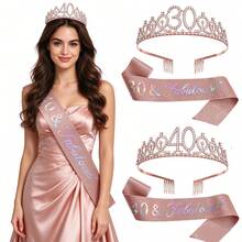 2pcs Birthday Tiara And Sash For Women, Rose Gold Rhinestone Birthday Crown With Side Combs, Birthday Party Accessories Birthday Gifts For Her - Rose Gold - View 1