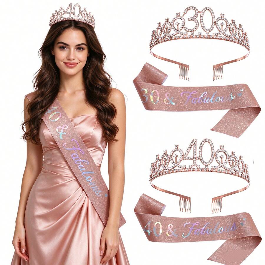 2pcs Birthday Tiara And Sash For Women, Rose Gold Rhinestone Birthday Crown With Side Combs, Birthday Party Accessories Birthday Gifts For Her - Rose Gold - View 1