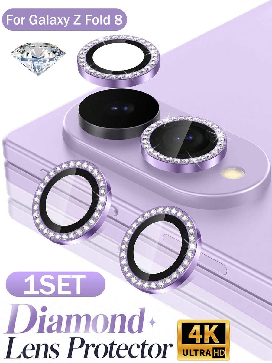 1 Set Camera Lens Protector Compatible With Samsung Galaxy Z Fold 8, Independent Metal Ring Tempered Glass Lens Cover, [Strong Adhesion] Anti-Scratch Ultra-Thin High-Definition Transparent Lens Cover, Purple Diamond - Mauve Purple - View 1