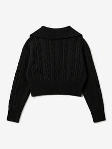 Senya Autumn/Winter New Vintage Oversized Cable Knit Cardigan With Lapel Collar And Double Zipper, Loose Drop Shoulder Casual Short Commuter Sweater, Black - Black - View 5