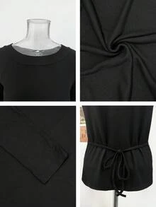 Korean Style Casual Cold Shoulder Back Drawstring Tie Long Sleeve Slim Fit Top For Women, Autumn/Winter - Black - View 9