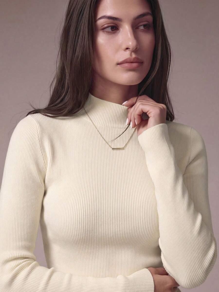 Amaris Popular Women Off White Ribbed Mock Neck Fitted Knit Top, Long Sleeve Slim Cropped Knit Pullover Base Sweater - Champagne - View 1
