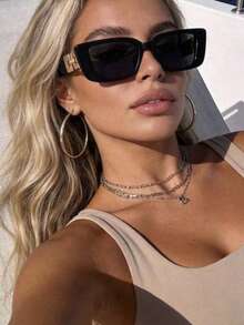 1pc Plastic Frame Geometric Metal Accessory Temple Outdoor Travel Personalized Posing Black Frame Decorative Fashion Glasses - Grey - View 5