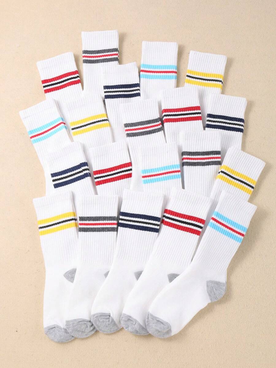 10雙兒童運動彩色條紋襪，1-16歲白色中筒襪，校園風，男孩女孩通用，休閒日常校園襪，春夏秋冬四季皆宜，拼色襪，中筒襪，彩色條紋襪，白色中筒襪，男孩襪，女孩襪，運動襪，雙色襪，校服襪，中筒襪