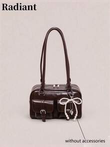 Women Shoulder Bag Boston Solid Faux Leather With Double Front Pockets Zipper Closure Retro Daily Autumn Winter Ladies Handbag(Without Accessories) - Coffee - View 9