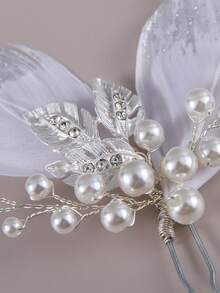 1pc Feather & Faux Pearl Decorated Fairy Hair Stick, Elegant Hair Accessory Suitable For Bride Wedding, Daily Party, Photo Shoot - Silver - View 4