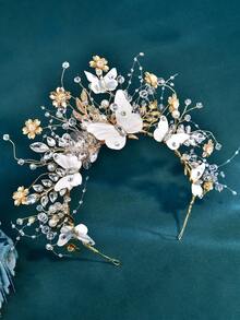 1 chiếc vương miện cô dâu thủ công cao cấp đính đá rhinestone, ngọc trai hình bướm, băng đô cài đầu phụ kiện tóc cưới - Vàng - Xem 8
