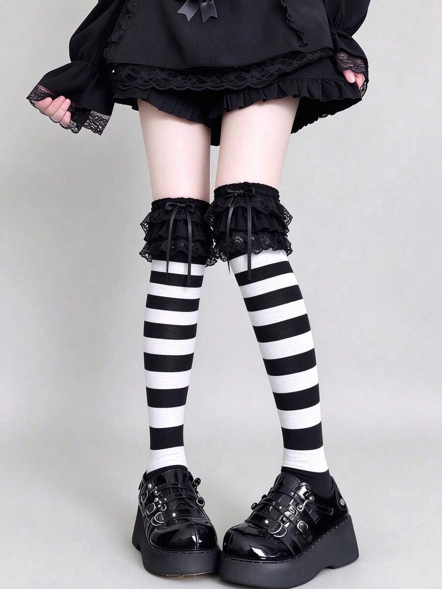 STAR RIVER Gothic Lace Trim Striped Over-The-Knee Socks, Lolita Subculture Punk Japanese Style Knee-High Socks Y2K, Halloween - Multicolor - View 1