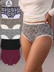 5pcs Women's High Waist Pure Cotton Contrast Color Panties, Full Coverage - Multicolor - View 1