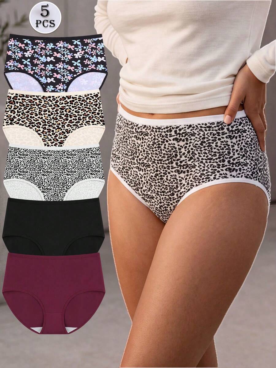 5pcs Women's High Waist Pure Cotton Contrast Color Panties, Full Coverage - Multicolor - View 1