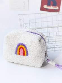 Cute Lamb Wool Embroidered Makeup Bag, Rainbow Sun Pattern Portable Large Capacity Cosmetic Storage Bag - White - View 1