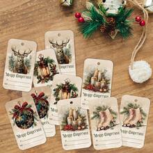 50pcs Merry Christmas Paper Name Gift Tags With Hemp Rope - Reindeer, Holly & Festive Designs, Vintage Holiday Hanging Labels For Xmas Presents, Gift Bags, Party Favor & Crafts - Multicolor - View 5