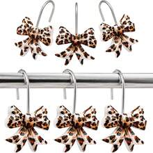 12pcs Leopard Print Bow Shower Curtain Hooks Rings, Stainless Steel Rust-Proof Resin Decorative Shower Curtain Hooks, Beige, Dark Brown Leopard Print Bathroom Accessories - 12pcs Brown - View 1