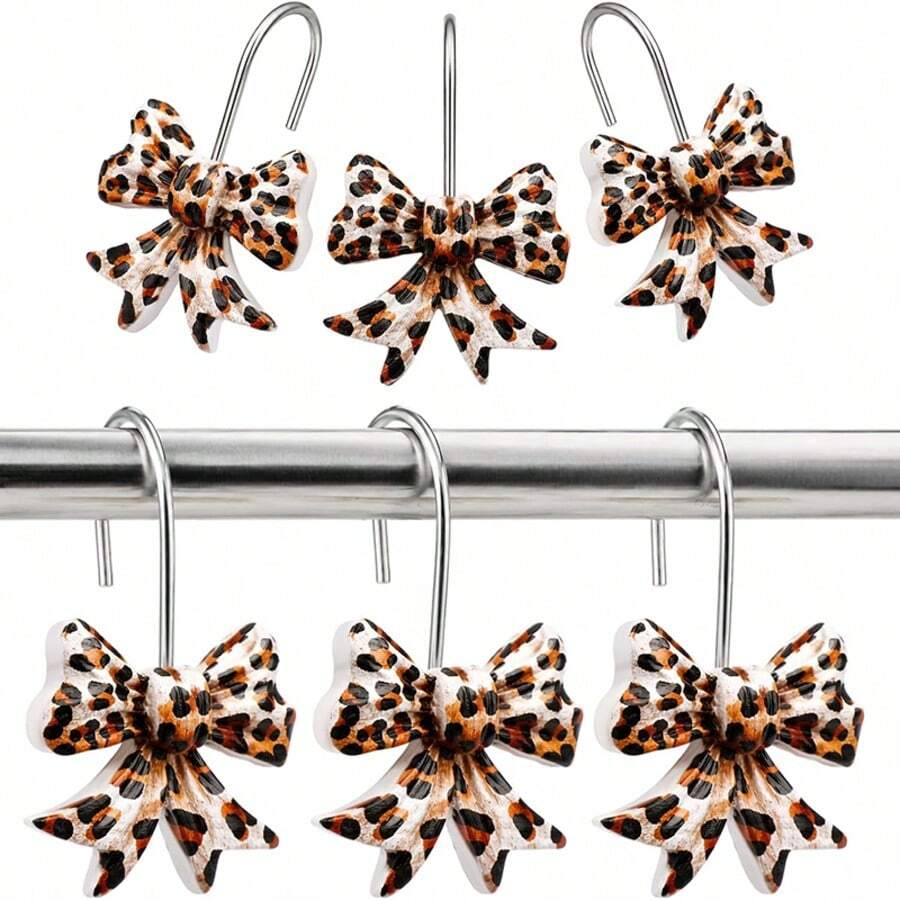 12pcs Leopard Print Bow Shower Curtain Hooks Rings, Stainless Steel Rust-Proof Resin Decorative Shower Curtain Hooks, Beige, Dark Brown Leopard Print Bathroom Accessories - 12pcs Brown - View 1