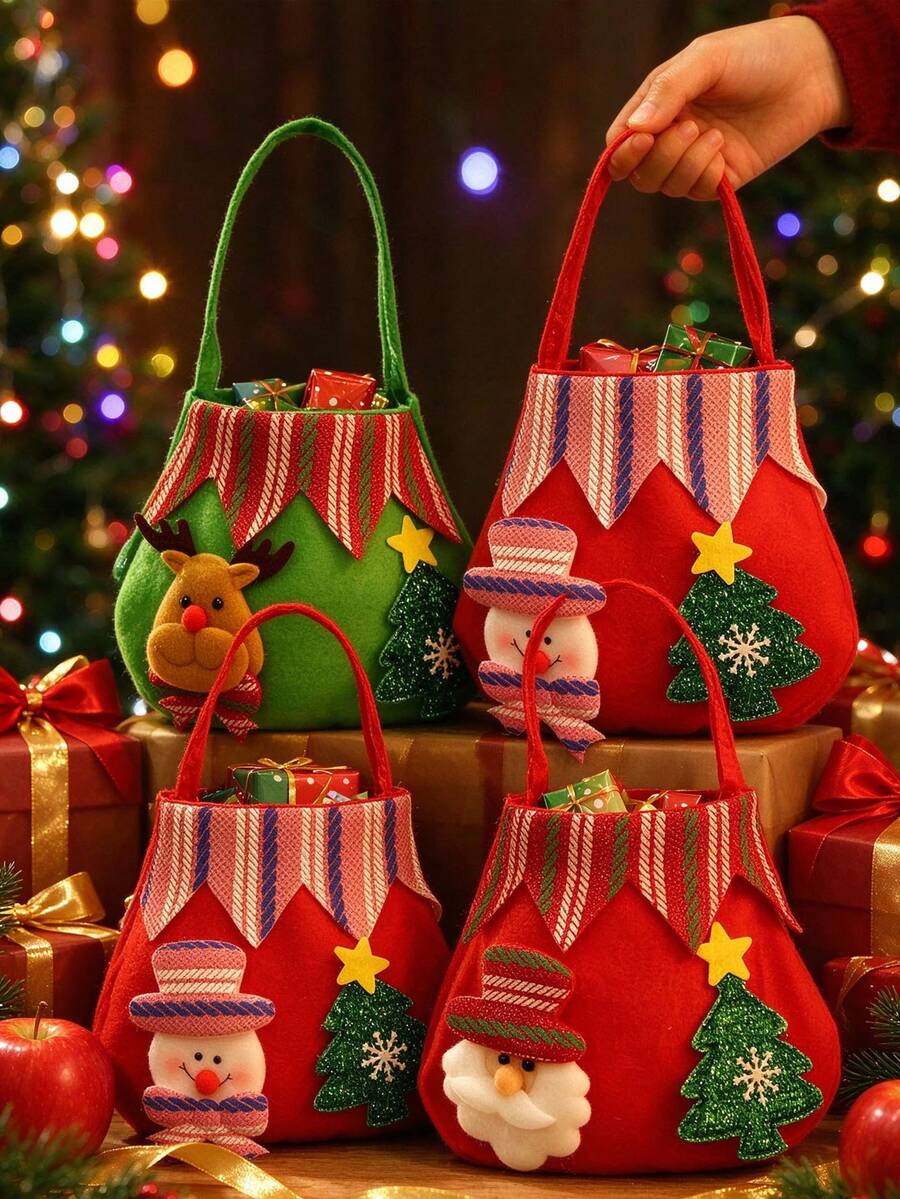 3pcs Christmas Felt Tote Gift Bags, Santa Claus Snowman Reindeer Pattern Christmas Tote Storage Bags, Portable Reusable Holiday Gift Bags, Suitable For Christmas Party, Gift Storage And Decoration - Multicolor - View 1
