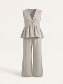 2026 Autumn Women's Casual Elegant Minimalist Linen Single Button V-Neck Waist-Cinching Ruffle Vest And Pants 2 Pieces Set, Back To School Summer - Apricot - View 6