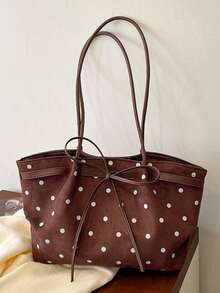 Autumn/Winter New Polka Dot Bow Decor Tote Bag, Large Capacity Daily Commute Shoulder Handbag - Coffee - View 2