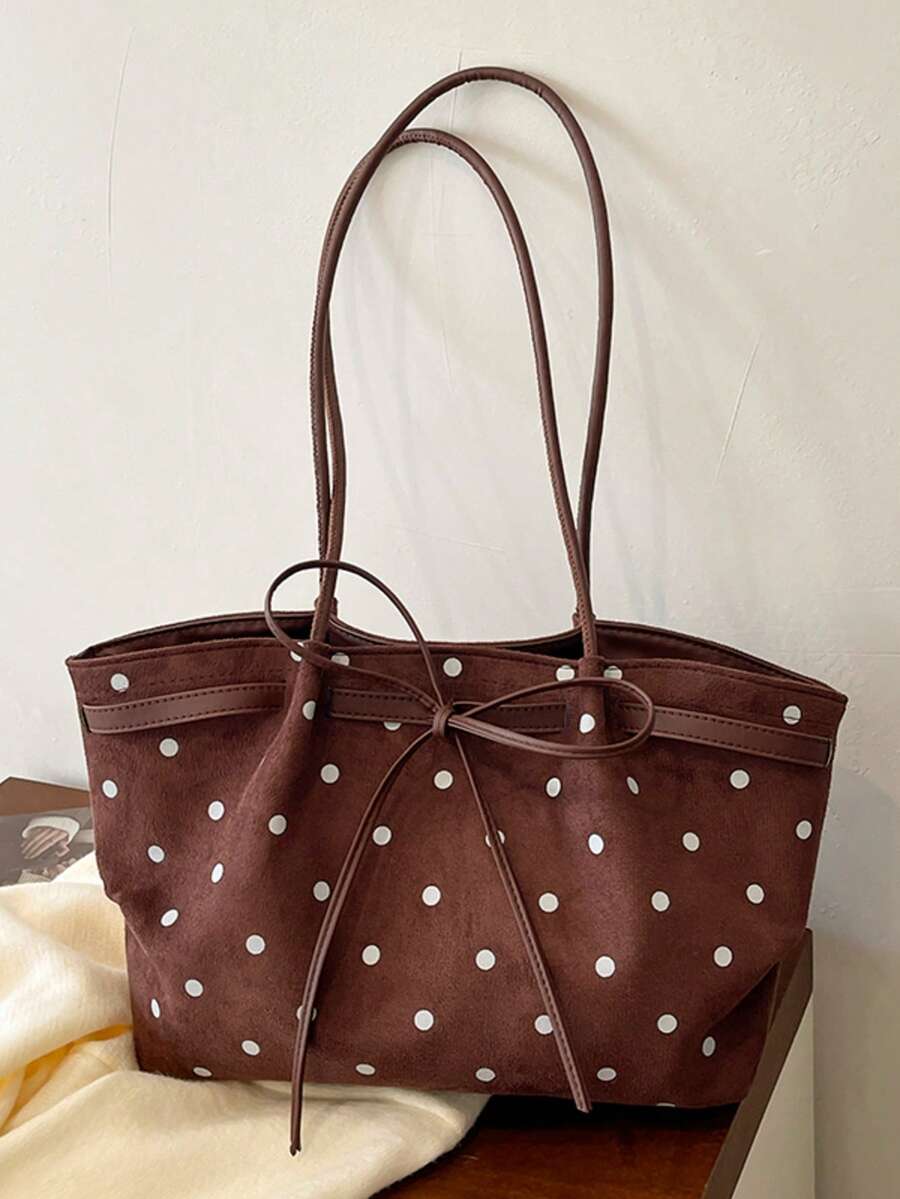 Autumn/Winter New Polka Dot Bow Decor Tote Bag, Large Capacity Daily Commute Shoulder Handbag