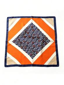 1pc Geometric Chain Print Satin Long Skinny Scarf, Multi-Use Hair Band Bag Accessory Necktie, Suitable For Women's Office Wear - Orange - View 3