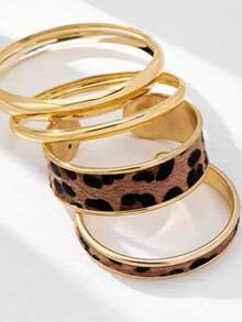 4pcs Leopard Print PU Leather Minimalist Metal Bracelet Set, Stackable Bracelets For Women - Dark Brown - View 2