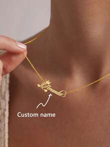 1pc Customized Crown & Name Heart Necklace, 1pc Fashionable Stainless Steel Nameplate Choker, Customized Ribbon Letter Clavicle Chain Jewelry, Women's Wedding Party Necklace Accessory, Birthday Gift - Multicolor - View 1