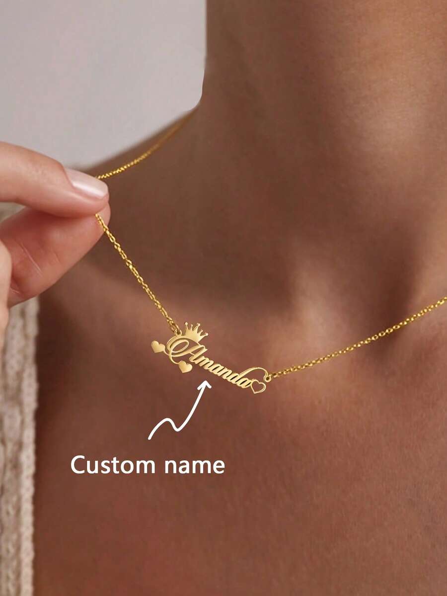 1pc Customized Crown & Name Heart Necklace, 1pc Fashionable Stainless Steel Nameplate Choker, Customized Ribbon Letter Clavicle Chain Jewelry, Women's Wedding Party Necklace Accessory, Birthday Gift - Multicolor - View 1