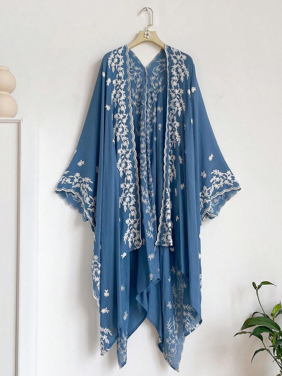 1pc Elegant Floral Pattern Bohemian Style Embroidered Split Shawl Women Spring Summer Kimono, Sarong Outerwear Beach Vacation Sun Protection UV Protection Embroidered Cardigan Fashion Versatile Luxury Decorative Suitable For Daily Wear Gift Choice - Blue - View 1